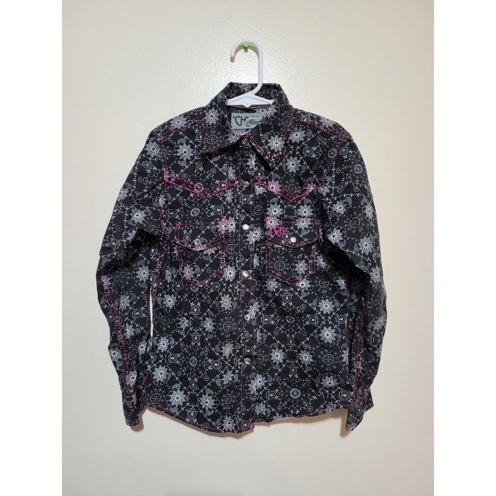 Cowgirl Hardware Western Snap Shirt Girls‎ Small Black Pink Paisley Cross
